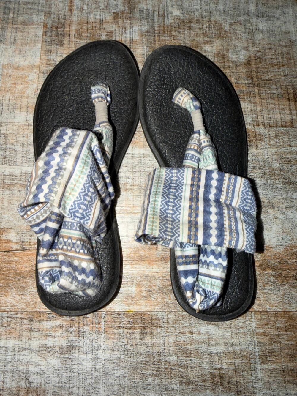 Sanuk Yoga Mat Coastal Knot Strap Sandals Sling Blue Gray Boho Flip Flips Size 7
